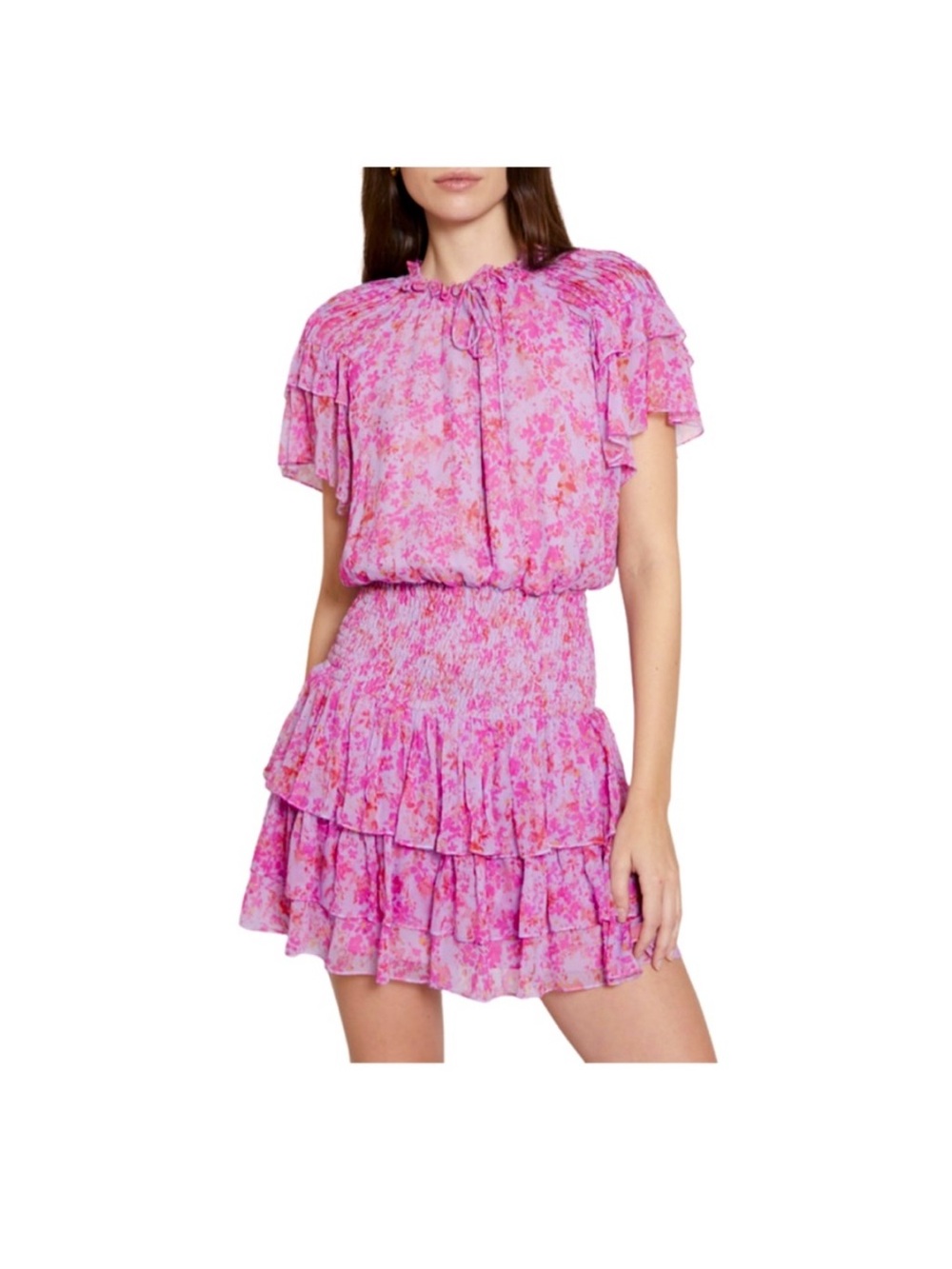 Gilner Farrar Zoe Mini Dress Purple Pink Floral Smocked EUC Size Large US 10